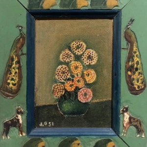 Joseph-Garlock-1884-1980-Still-Life-with-Elaborate-Frame-1951-Paint-on-Masonite-with-Carved-and-Polychromed-Figurative-Frame-12-x-9.75-Signed-Lower-Left-Framed-2040